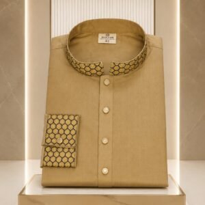 Men's Honeycomb Embroidered Long Kurta Panjabi - Beige