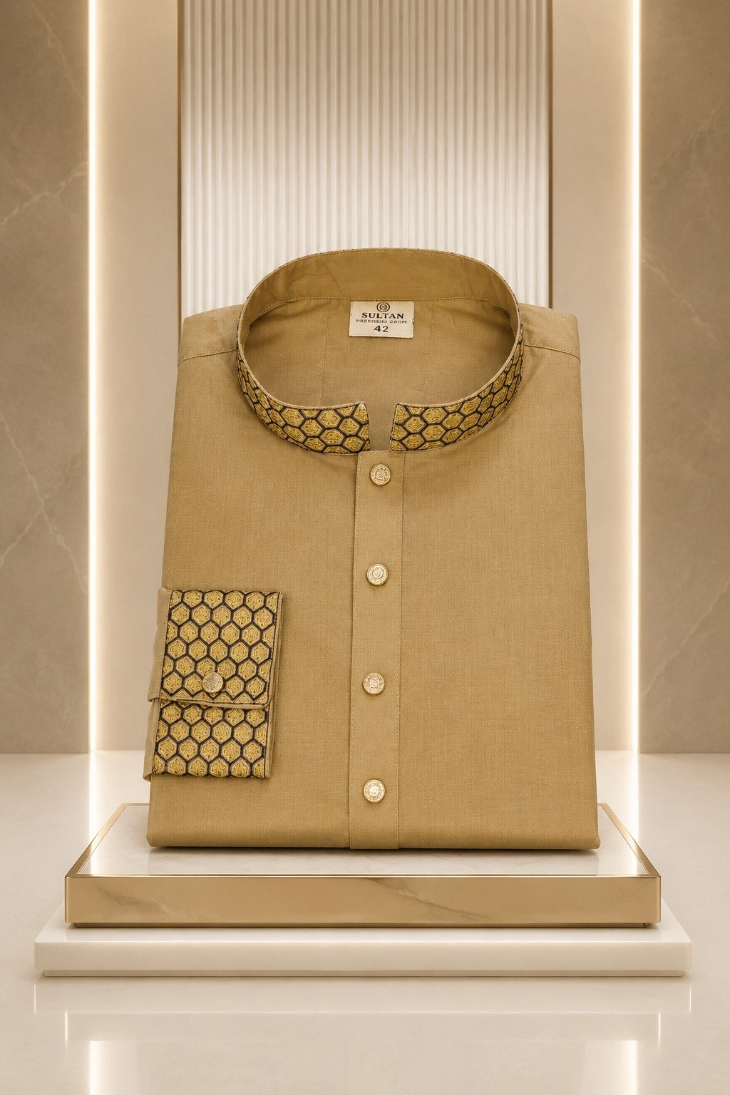 Men's Honeycomb Embroidered Long Kurta Panjabi - Beige