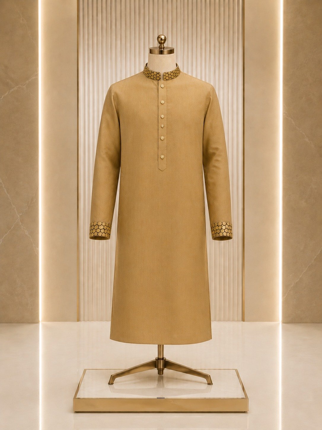 Men's Honeycomb Embroidered Long Kurta Panjabi - Beige - Image 2