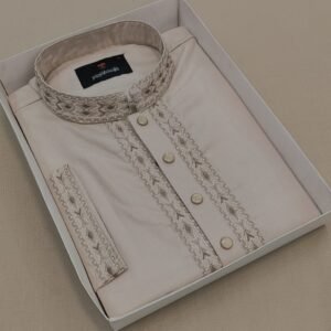 Men's Premium Embroidered Semi-Long Panjabi - Beige Cream