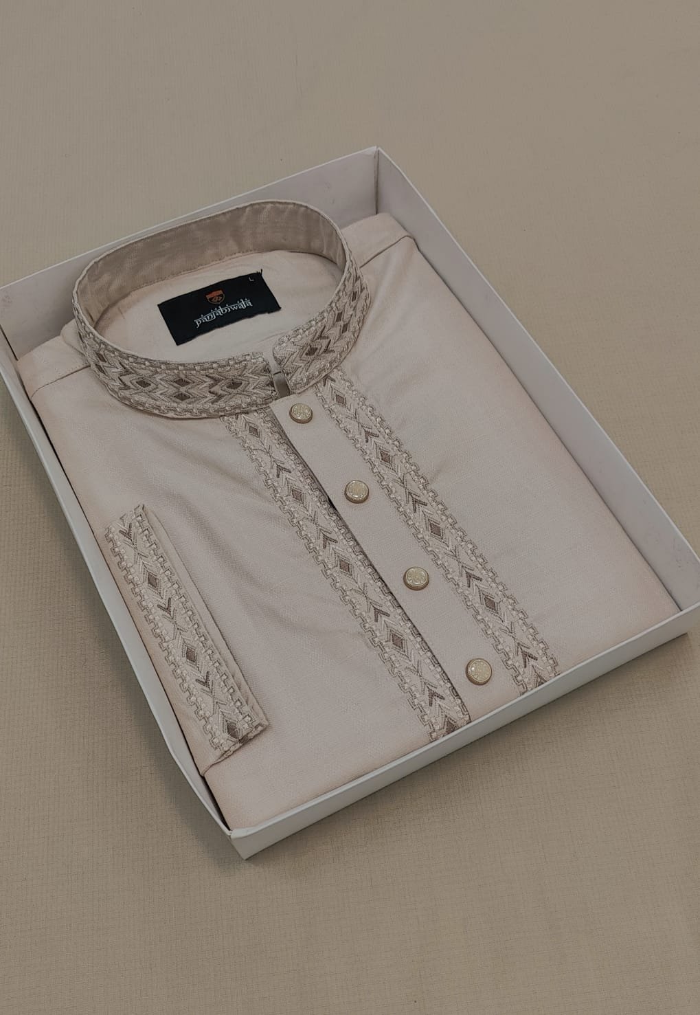 Men's Premium Embroidered Semi-Long Panjabi - Beige Cream