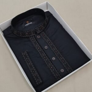 Men's Embroidered Semi-Long Panjabi - Black Aztec