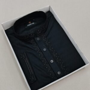 Men's Embroidered Semi-Long Panjabi - Black Geometric Mesh