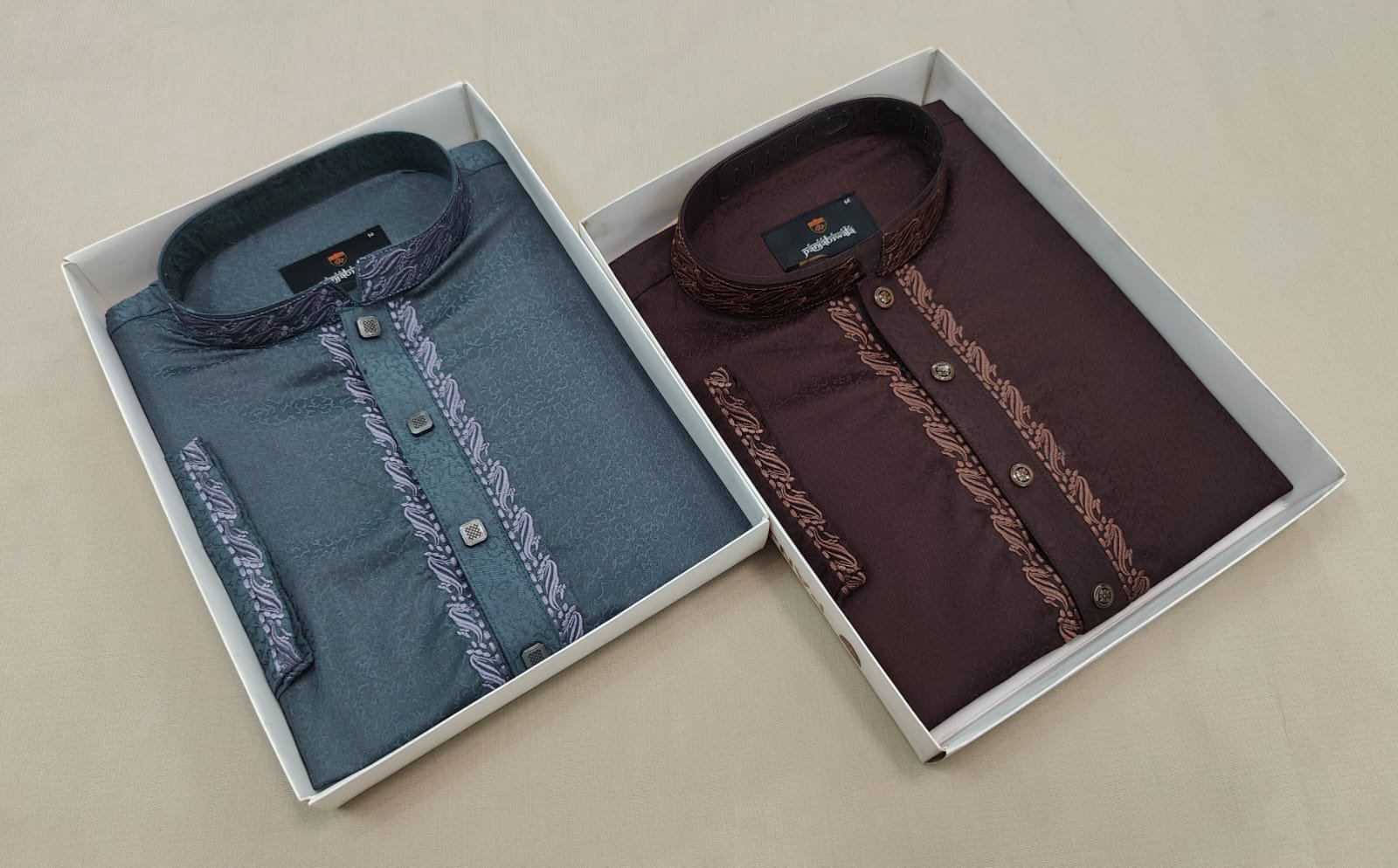 Men's Premium Embroidered Semi-Long Panjabi - Maroon Brown