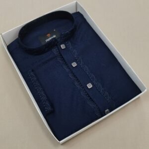 Men's Premium Embroidered Semi-Long Panjabi - Navy Blue