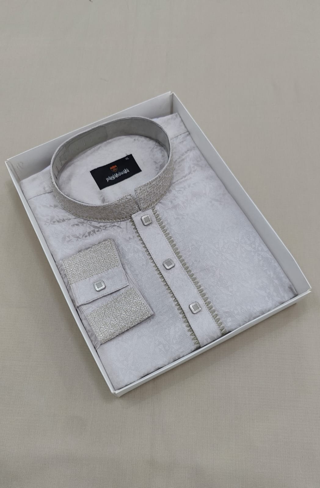 Men's Premium Embroidered Semi-Long Panjabi - Ivory White