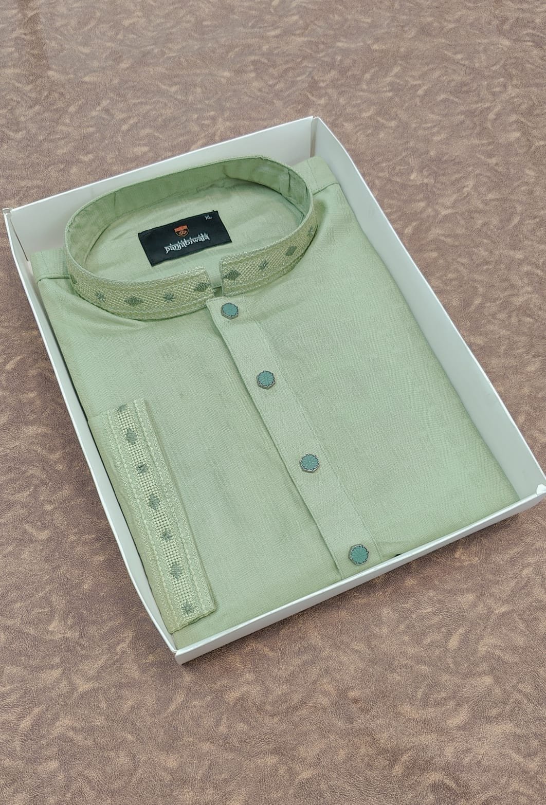 Men's Premium Embroidered Semi-Long Panjabi - Sage Green